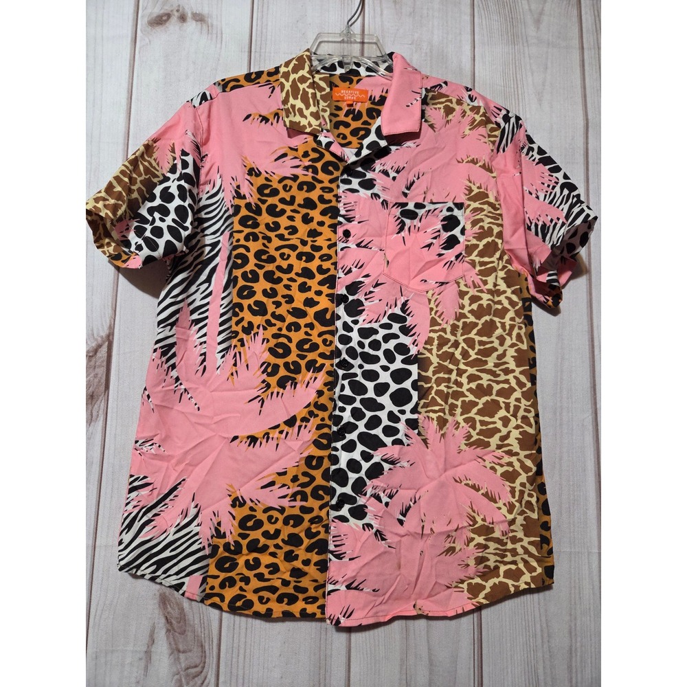 Negative Space Mens Animal Print Patchwork Palm Tree Button Up Shirt Pink Large